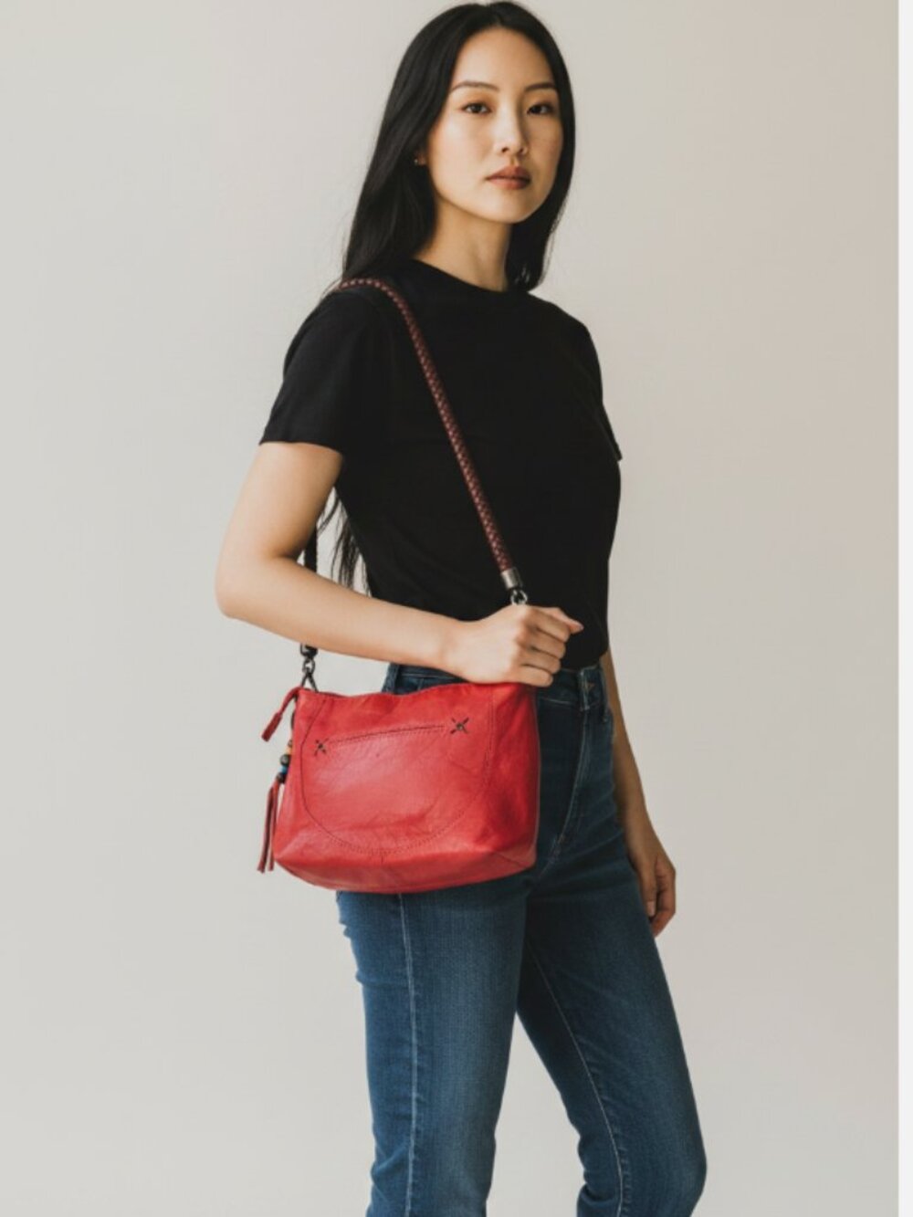 The Sak Coral Leather Hobo Shoulder Bag Braided Strap